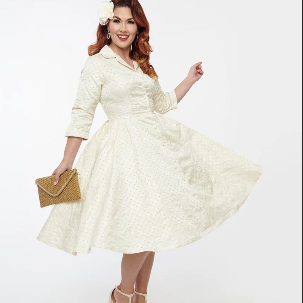 NWT Unique Vintage Ivory & Gold Brocade Swing Dress